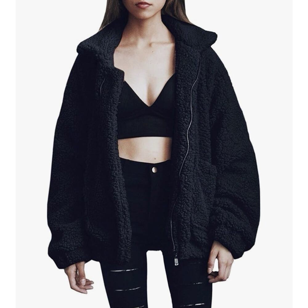 Comeon Women's Coat Casual Lapel Fleece Fuzzy Faux Shearling Zipper Size XXL
